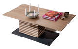 Moderner Couchtisch aus Holz mit gestapeltem Design und Dekorationen, seitliche Perspektive
