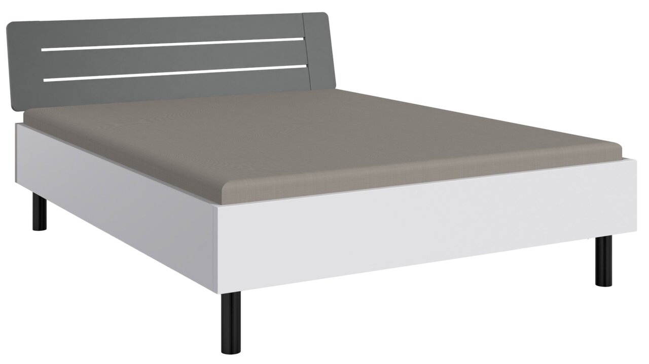 Modernes Futonbett mit grauem Kopfteil und weißem Rahmen, seitliche Perspektive