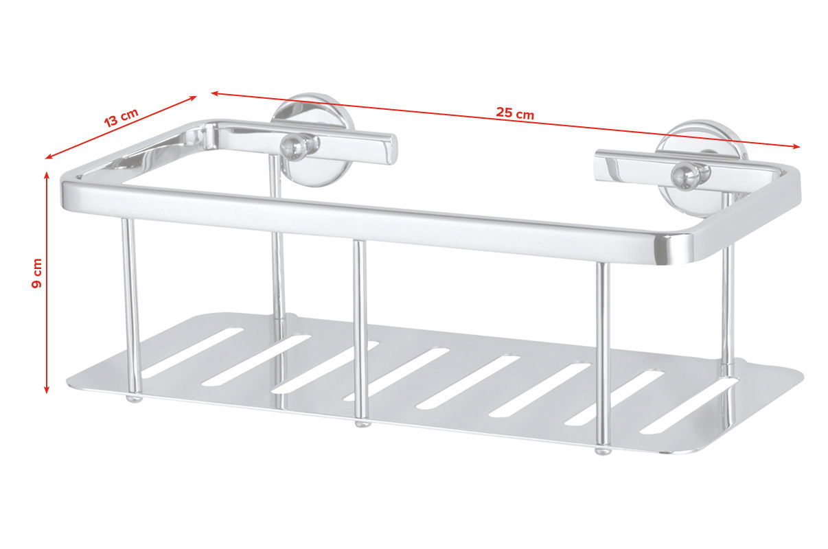 Duschablage aus Metall mit glänzender Oberfläche, rechteckig, mit zwei Befestigungspunkten an der Wand, seitliche Perspektive