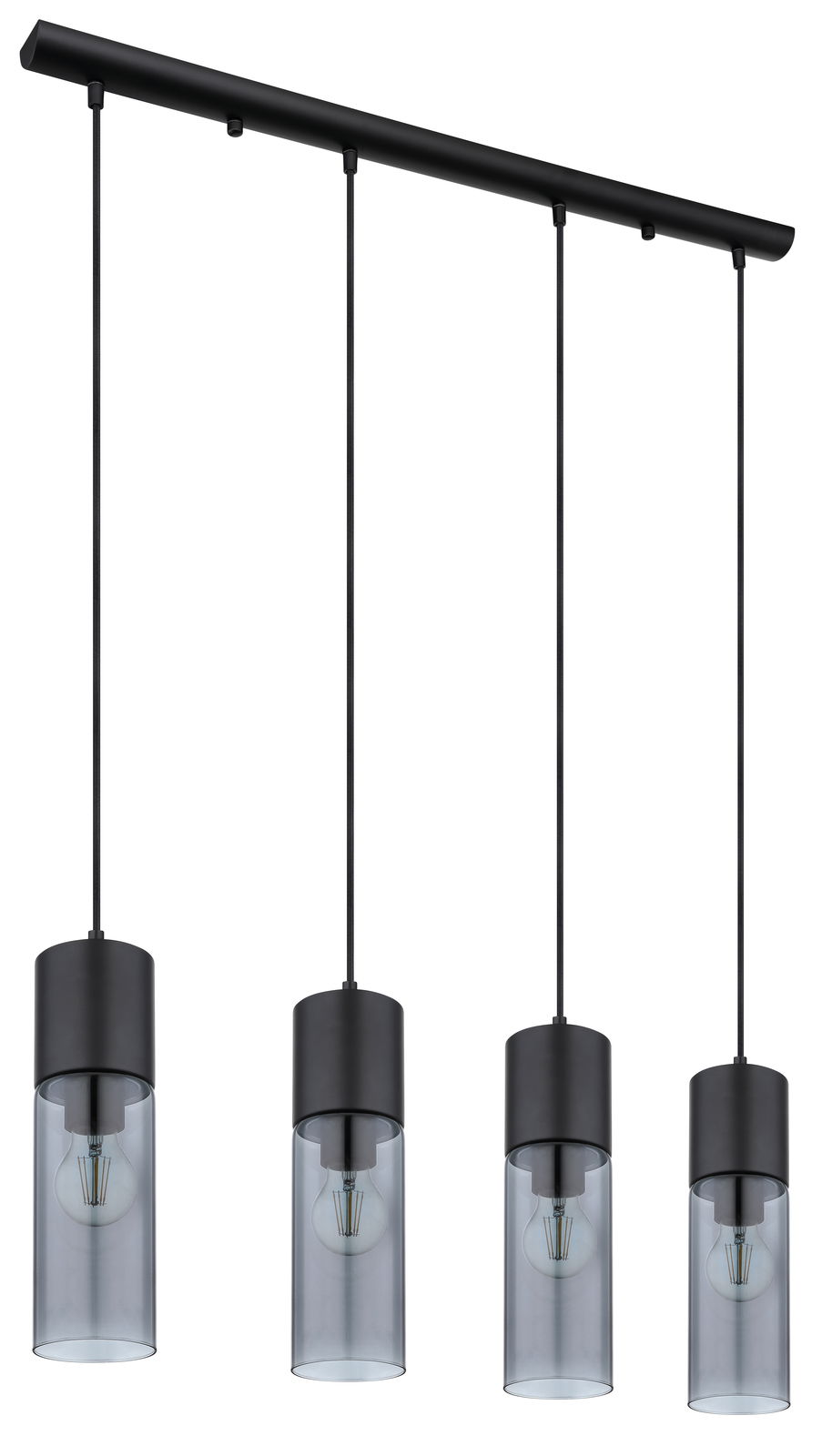 Moderne schwarze Hängeleuchte mit vier zylindrischen Lampenschirmen aus Glas, seitliche Perspektive