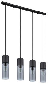 Moderne schwarze Hängeleuchte mit vier zylindrischen Lampenschirmen aus Glas, seitliche Perspektive