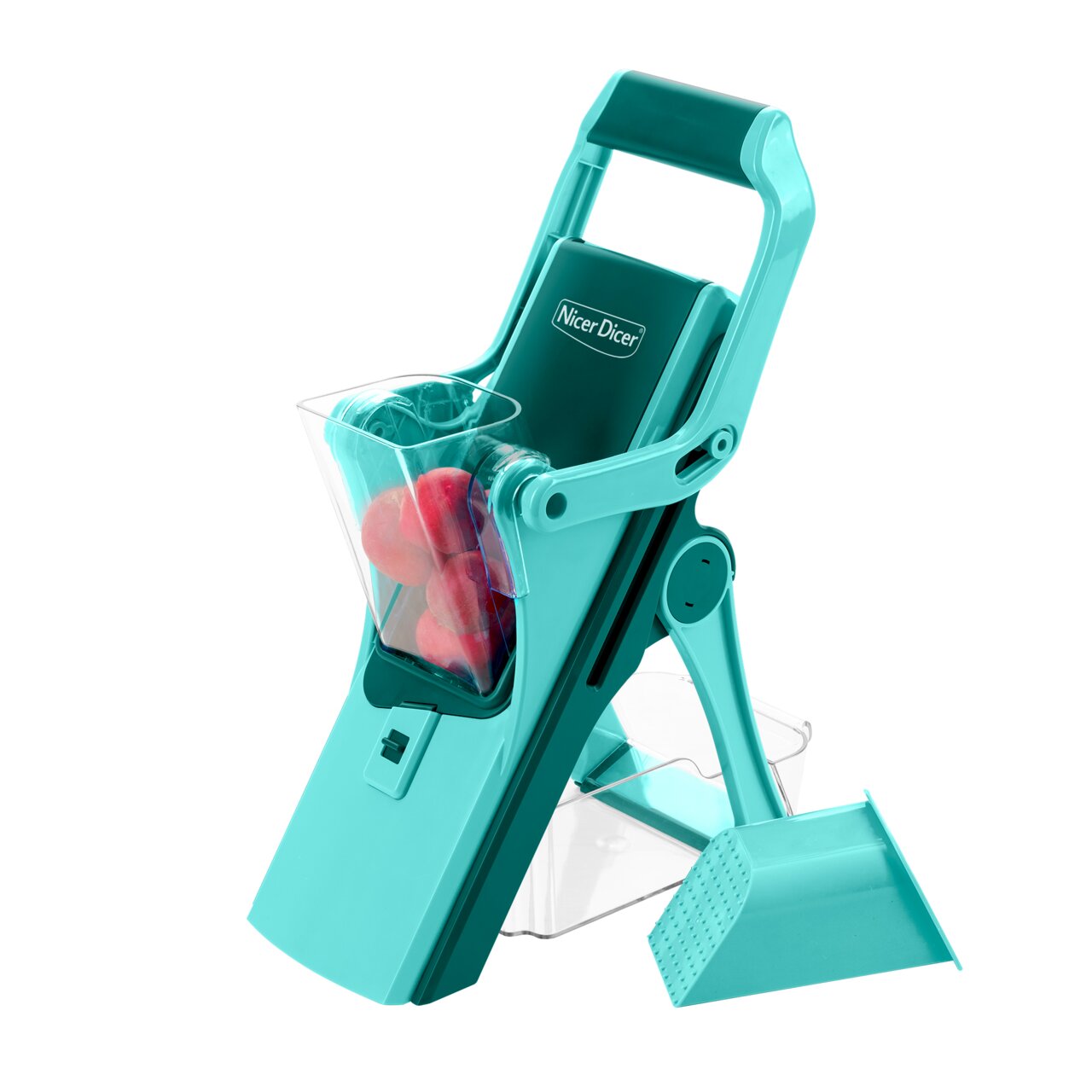 Nicer Dicer Mando, Set 10-tlg., in türkis, seitliche Perspektive, mit transparentem Behälter und roten Früchten.