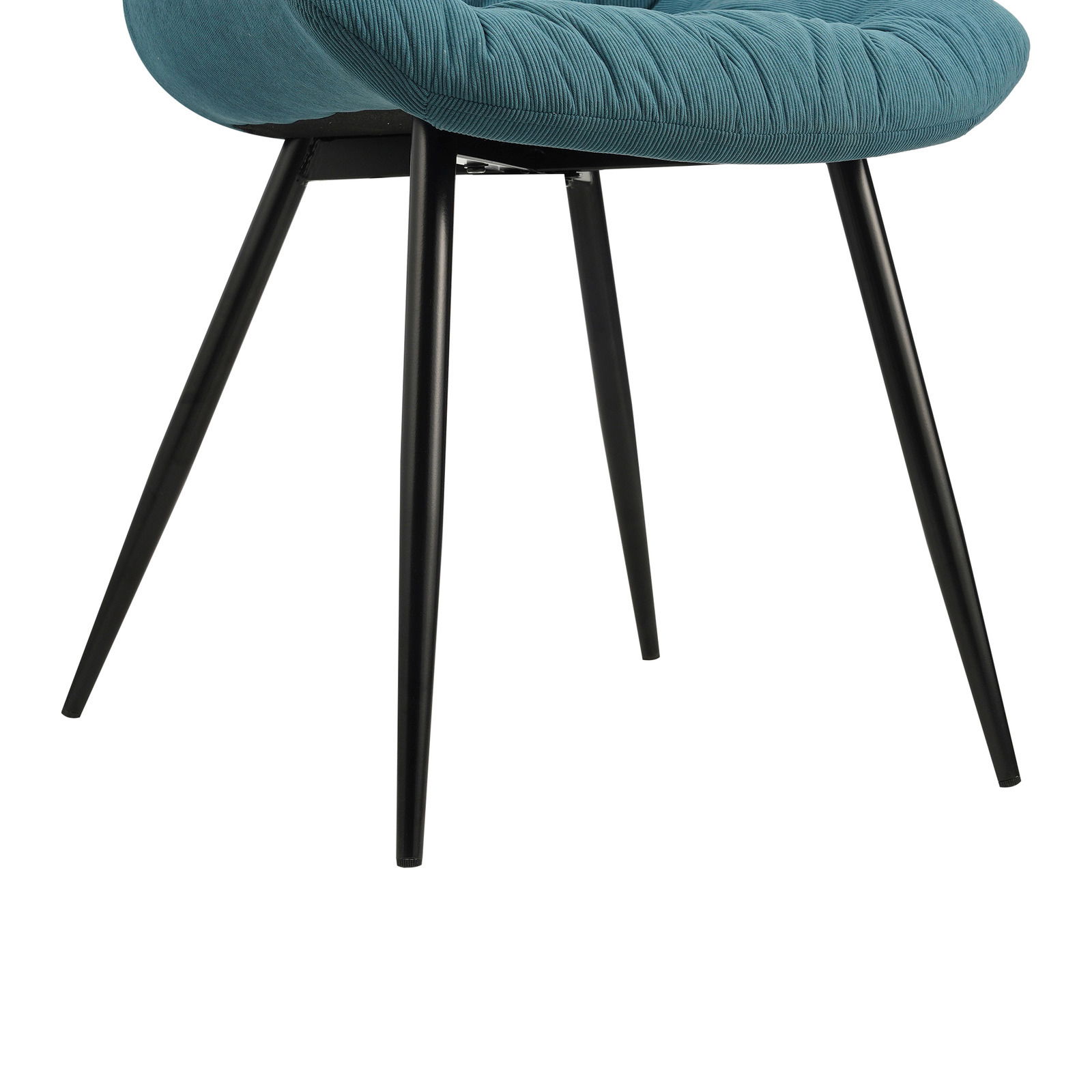 Moderner Stuhl mit schwarzem Metallgestell und gepolsterter Sitzfläche in Türkis, seitliche Perspektive