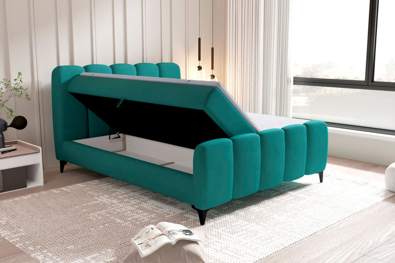 Boxbett mit aufklappbarem Stauraum in modernem Schlafzimmer, seitliche Perspektive