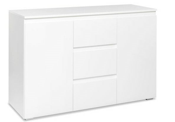 Weiße Kommode mit drei Schubladen und zwei Türen, seitliche Perspektive