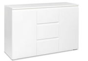 Weiße Kommode mit drei Schubladen und zwei Türen, seitliche Perspektive
