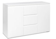 Weiße Kommode mit drei Schubladen und zwei Türen, seitliche Perspektive