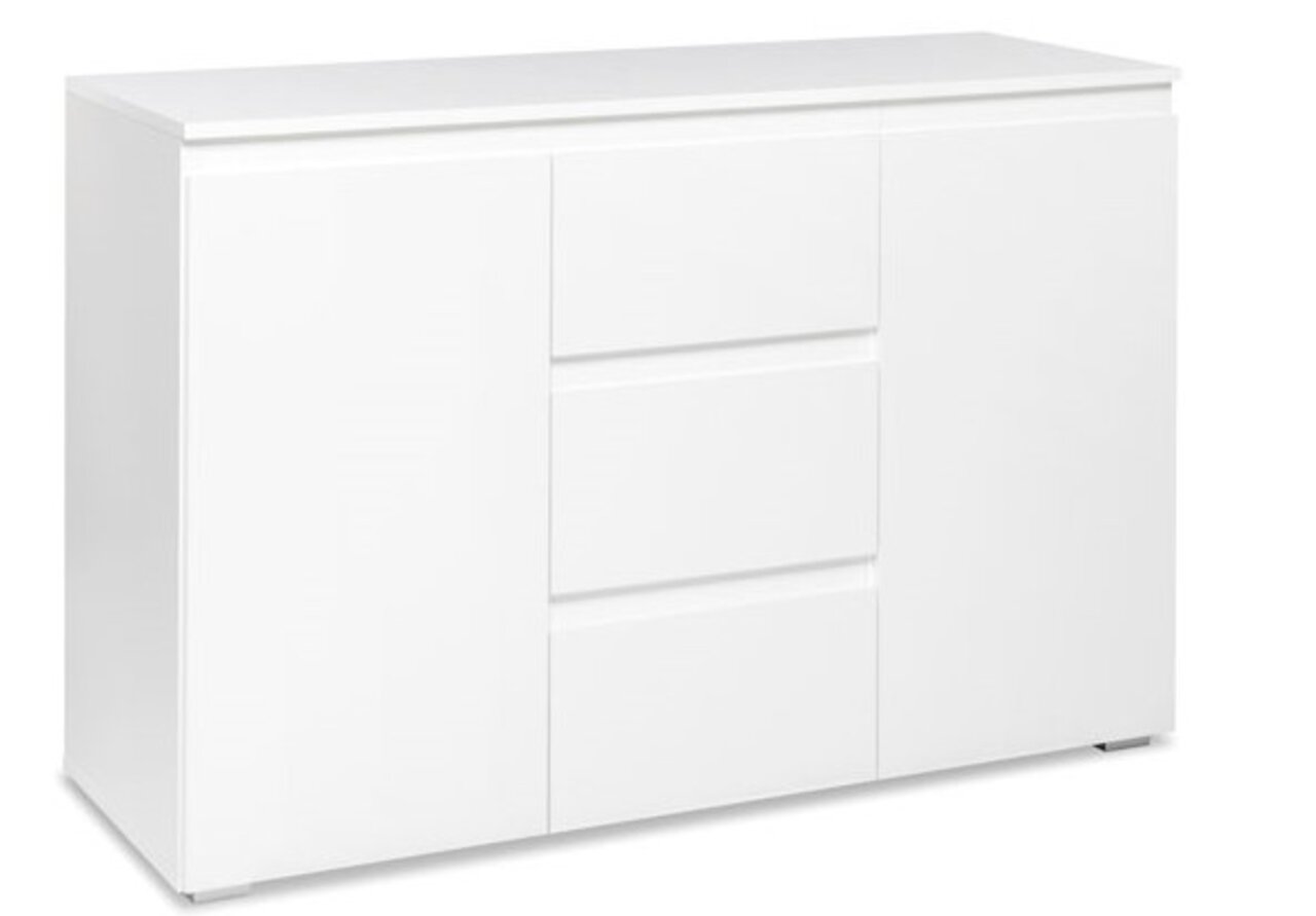 Weiße Kommode mit drei Schubladen und zwei Türen, seitliche Perspektive