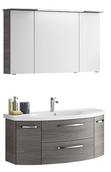 Moderne Badkombination mit grauem Unterschrank und weißem Spiegelschrank, Frontalansicht