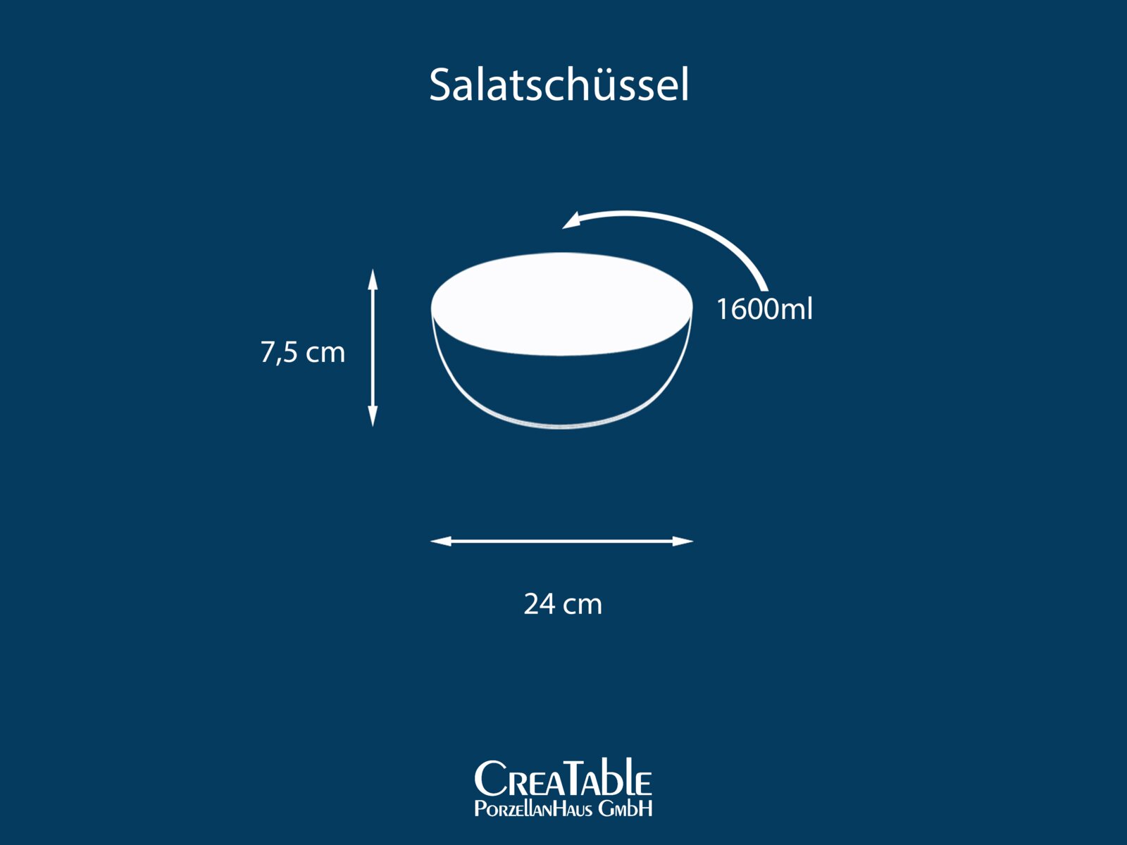 Grafische Darstellung einer Salatschüssel mit 1600 ml Fassungsvermögen, 24 cm Durchmesser und 7,5 cm Höhe, gezeigt in leicht schräger Seitenansicht (Perspektive), auf blauem Hintergrund.