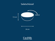 Grafische Darstellung einer Salatschüssel mit 1600 ml Fassungsvermögen, 24 cm Durchmesser und 7,5 cm Höhe, gezeigt in leicht schräger Seitenansicht (Perspektive), auf blauem Hintergrund.