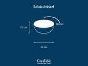 Grafische Darstellung einer Salatschüssel mit 1600 ml Fassungsvermögen, 24 cm Durchmesser und 7,5 cm Höhe, gezeigt in leicht schräger Seitenansicht (Perspektive), auf blauem Hintergrund.