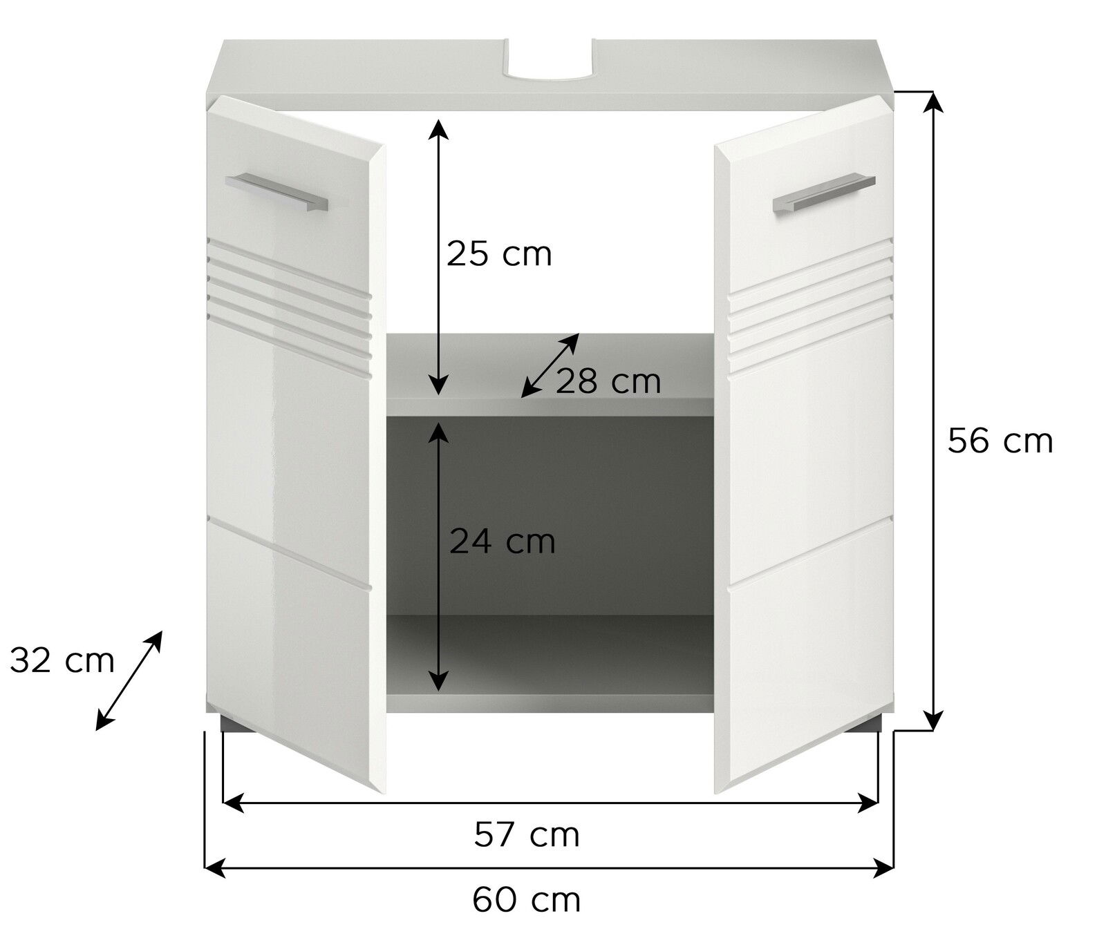 Weißer Waschbeckenunterschrank mit zwei offenen Türen, Frontansicht, Maße: 60 cm Breite, 56 cm Höhe, 32 cm Tiefe.