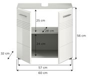 Weißer Waschbeckenunterschrank mit zwei offenen Türen, Frontansicht, Maße: 60 cm Breite, 56 cm Höhe, 32 cm Tiefe.