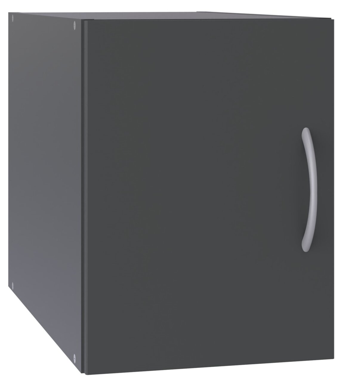 Schwarzer Schrankaufsatz mit silbernem Griff, seitliche Perspektive