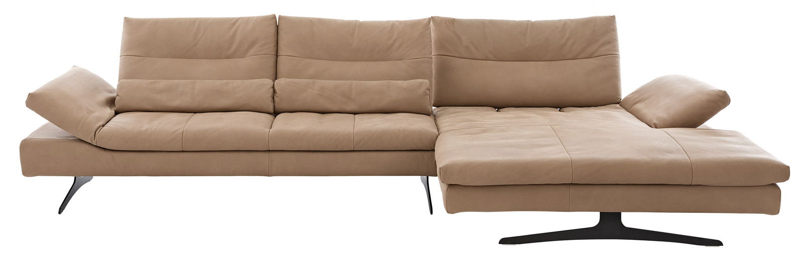 Beige Longchairkombination mit verstellbaren Armlehnen, moderne Metallfüße, Frontalansicht