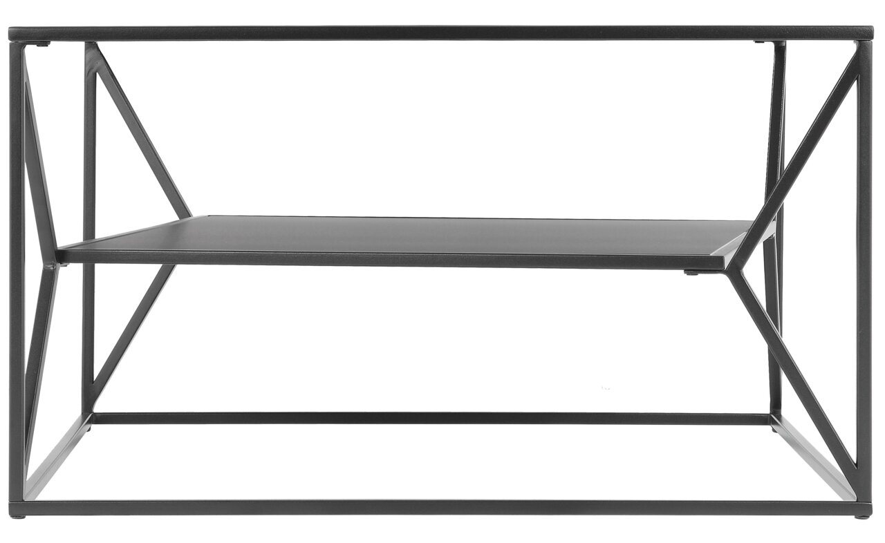 Moderner Beistelltisch aus schwarzem Metall mit geometrischem Design, seitliche Perspektive