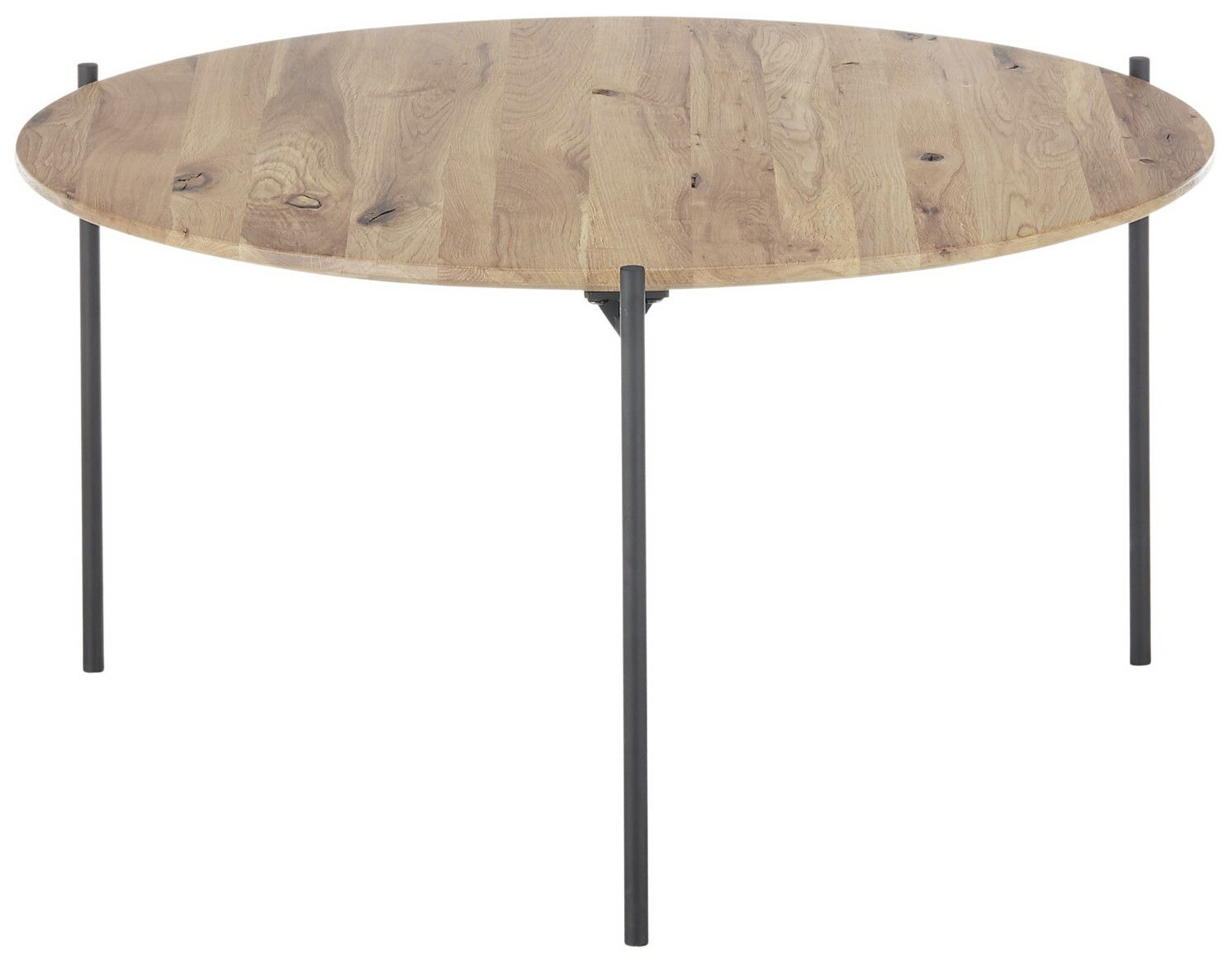 Runder Couchtisch mit Holzplatte und schwarzen Metallbeinen, seitliche Perspektive