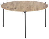 Runder Couchtisch mit Holzplatte und schwarzen Metallbeinen, seitliche Perspektive