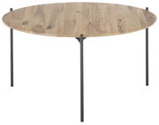 Runder Couchtisch mit Holzplatte und schwarzen Metallbeinen, seitliche Perspektive