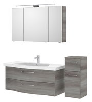 Badezimmermöbel-Set mit Spiegelschrank, Waschbeckenunterschrank und Hochschrank in moderner Holzoptik, Frontalansicht