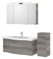 Badezimmermöbel-Set mit Spiegelschrank, Waschbeckenunterschrank und Hochschrank in moderner Holzoptik, Frontalansicht
