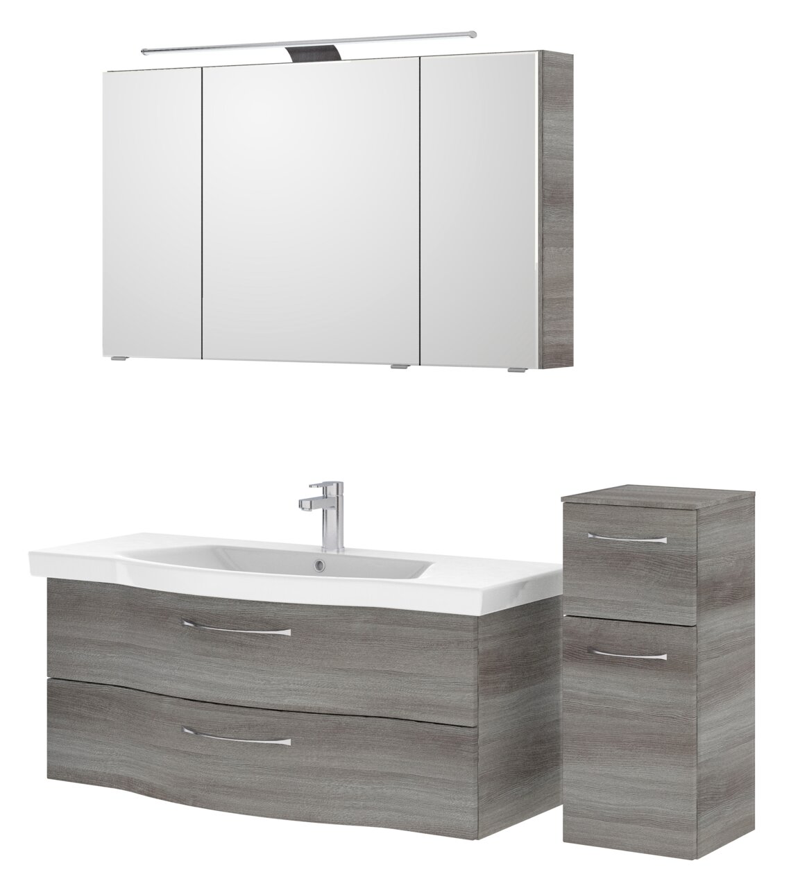 Pelipal Badblock SERIE 6005 SPRINT Badezimmermöbel-Set mit Spiegelschrank, Waschbeckenunterschrank und Hochschrank in moderner Holzoptik, Frontalansicht