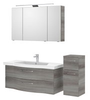 Badezimmermöbel-Set mit Spiegelschrank, Waschbeckenunterschrank und Hochschrank in moderner Holzoptik, Frontalansicht