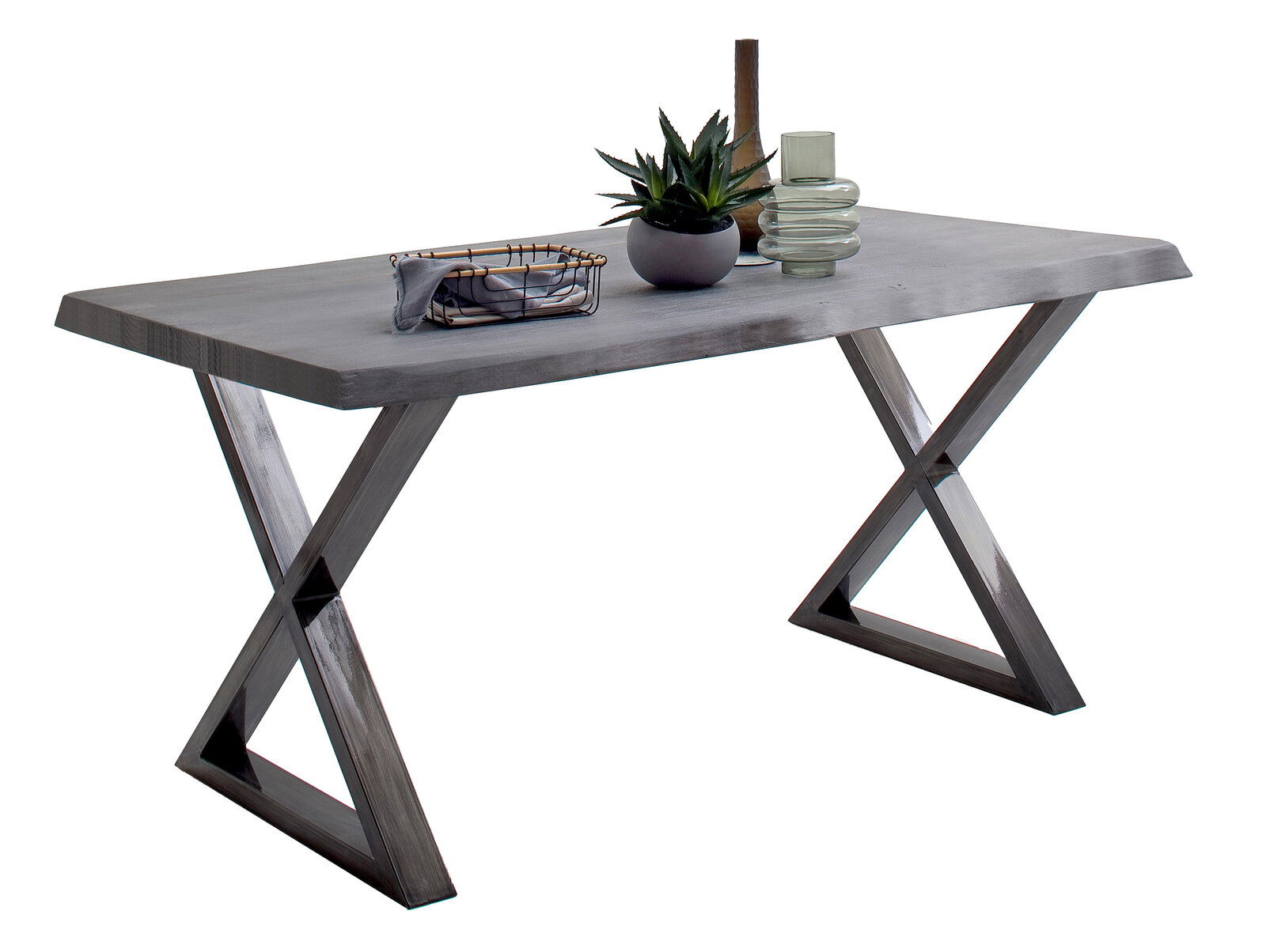 Moderner Esstisch mit X-förmigen Beinen aus Metall, seitliche Perspektive