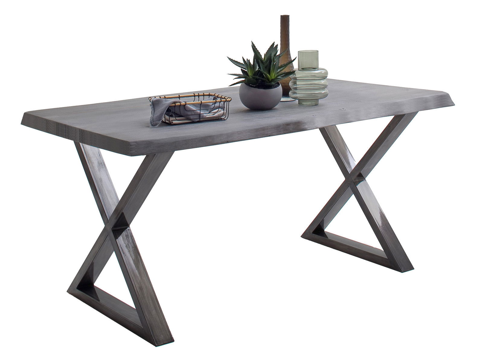 Moderner Esstisch mit X-förmigen Beinen aus Metall, seitliche Perspektive