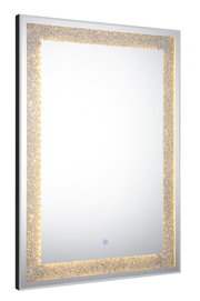 Rechteckiger Wandspiegel mit integriertem LED-Lichtrand, glitzerndem Silberrahmen und Touch-Schalter, in schräger Vorderansicht vor weißem Hintergrund