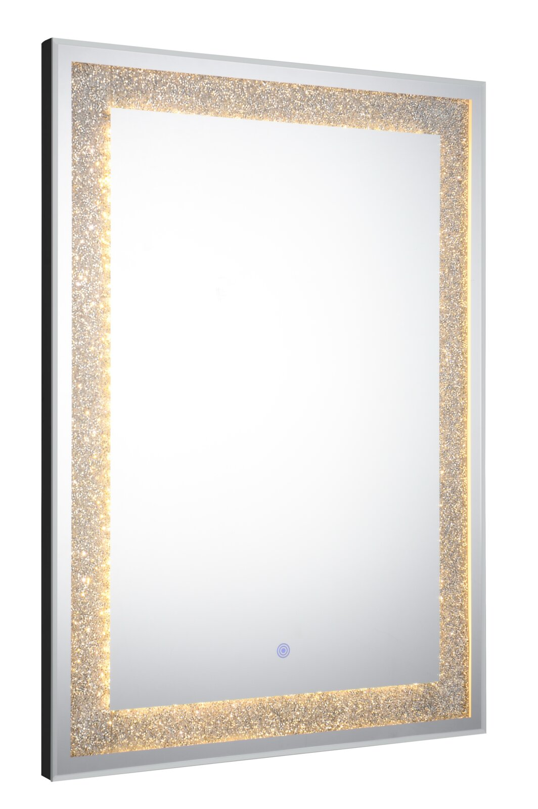 Rechteckiger Wandspiegel mit integriertem LED-Lichtrand, glitzerndem Silberrahmen und Touch-Schalter, in schräger Vorderansicht vor weißem Hintergrund