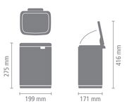 Abfallbehälter Bo 4L, Vorder- und Seitenansicht mit geöffnetem Deckel, Maße: 275 mm hoch, 199 mm breit, 171 mm tief, 416 mm hoch mit geöffnetem Deckel.