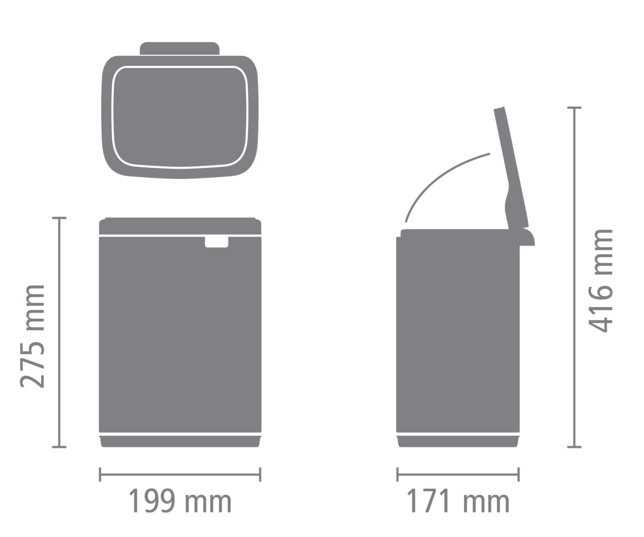 Abfallbehälter Bo 4L, Vorder- und Seitenansicht mit geöffnetem Deckel, Maße: 275 mm hoch, 199 mm breit, 171 mm tief, 416 mm hoch mit geöffnetem Deckel.