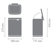 Abfallbehälter Bo 4L, Vorder- und Seitenansicht mit geöffnetem Deckel, Maße: 275 mm hoch, 199 mm breit, 171 mm tief, 416 mm hoch mit geöffnetem Deckel.