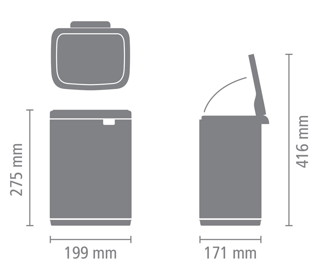 Abfallbehälter Bo 4L, Vorder- und Seitenansicht mit geöffnetem Deckel, Maße: 275 mm hoch, 199 mm breit, 171 mm tief, 416 mm hoch mit geöffnetem Deckel.