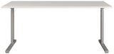Moderner Schreibtisch mit grauer Tischplatte und stabilen Metallbeinen, Frontalansicht