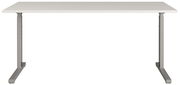 Moderner Schreibtisch mit grauer Tischplatte und stabilen Metallbeinen, Frontalansicht