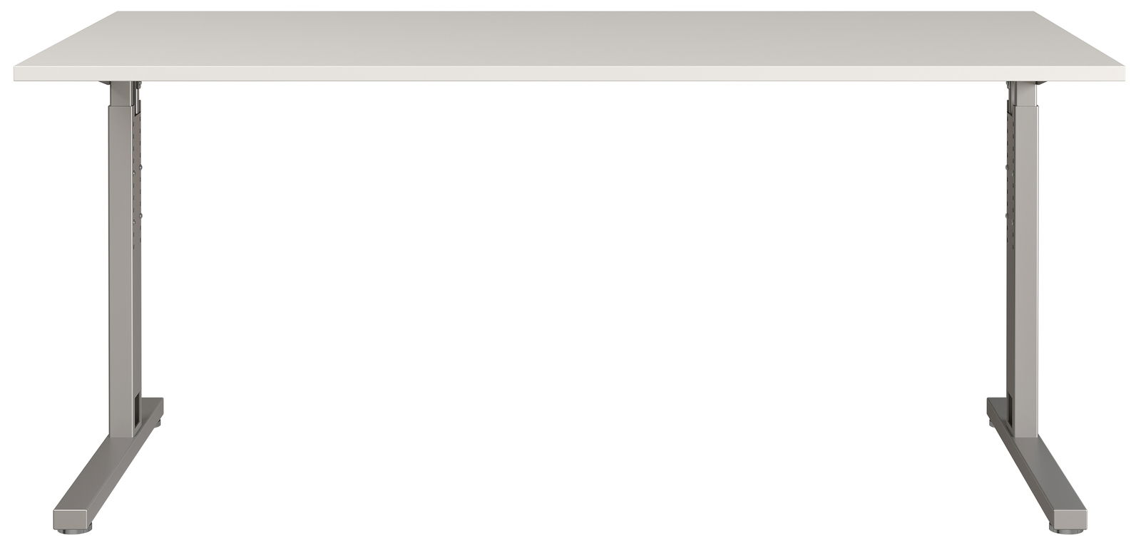 Moderner Schreibtisch mit grauer Tischplatte und stabilen Metallbeinen, Frontalansicht