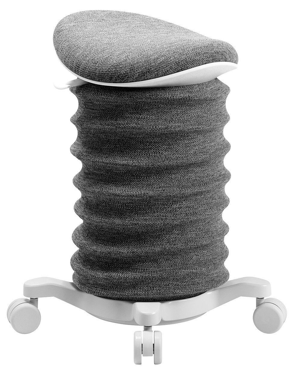 Grauer Aktiv-Sitzhocker mit wellenförmigem Design und Rollen, seitliche Perspektive