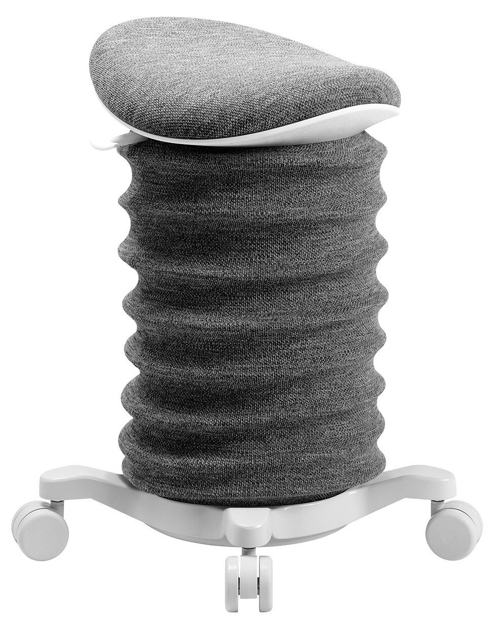 Grauer Aktiv-Sitzhocker mit wellenförmigem Design und Rollen, seitliche Perspektive