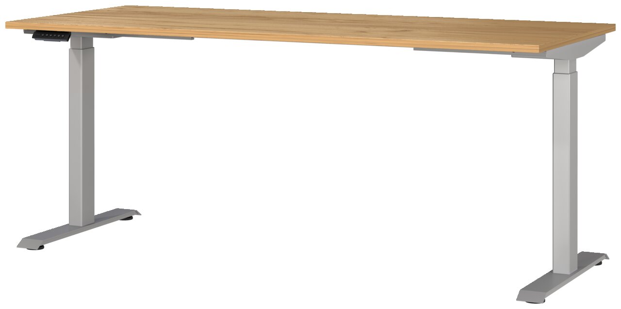 E-Serie E-Schreibtisch eSystem Elektrisch höhenverstellbarer Schreibtisch mit Holzplatte und silbernen Metallbeinen, seitliche Perspektive