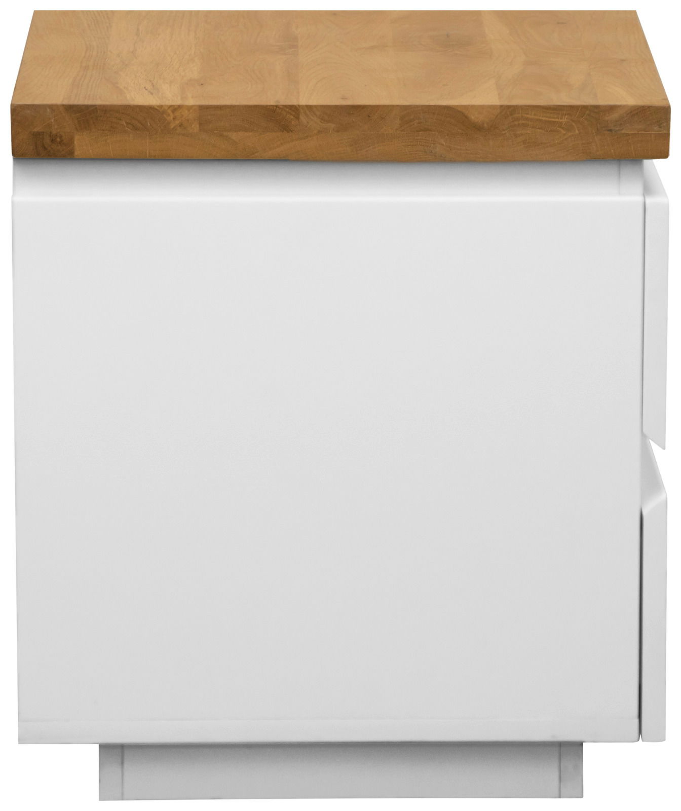 Nachtkommode mit weißem Korpus und Holzoberfläche, seitliche Perspektive