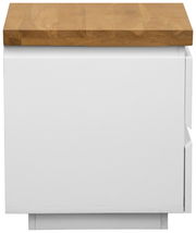 Nachtkommode mit weißem Korpus und Holzoberfläche, seitliche Perspektive