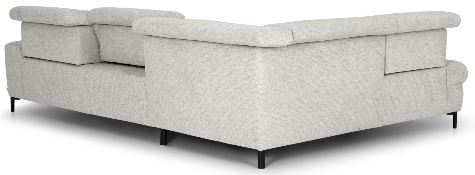 Rückansicht einer modernen, hellgrauen Rundecke mit schwarzen Beinen.