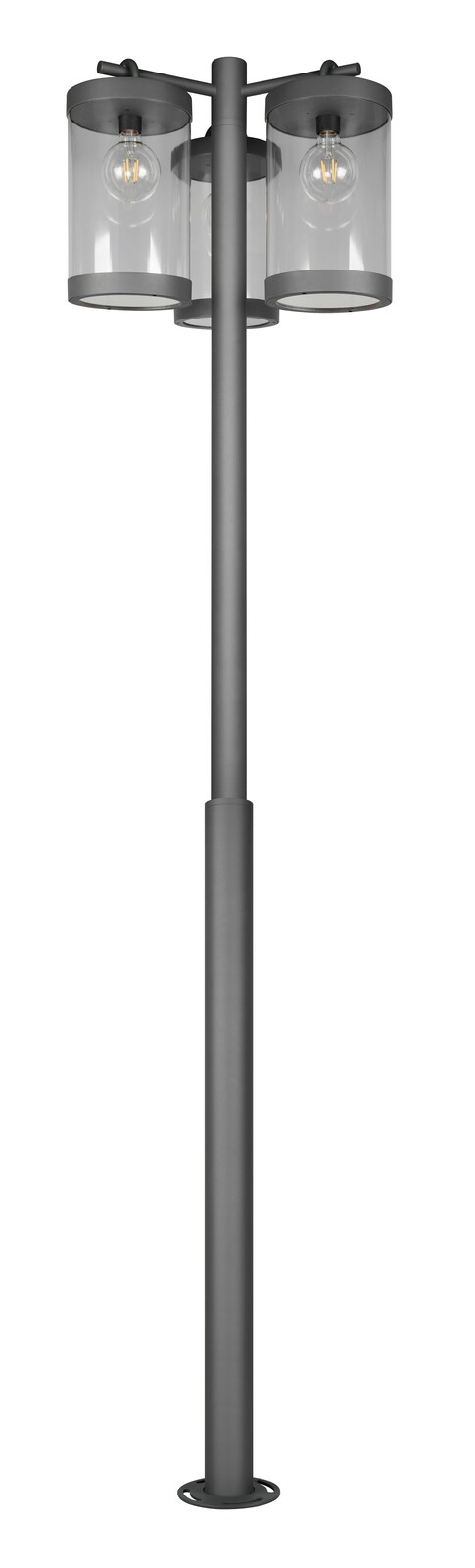 Moderne Außen-Mastleuchte mit zwei transparenten Lampenschirmen, frontal abgebildet.