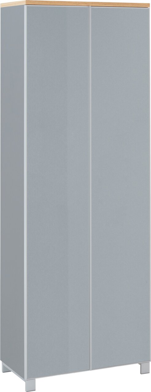 VOSS Garderobenschrank VORTINA Zweitüriger Kleiderschrank in Hellgrau mit weißem Rahmen, Holzdeckplatte und kurzen Füßen, freigestellt vor weißem Hintergrund, Ansicht schräg von vorn links