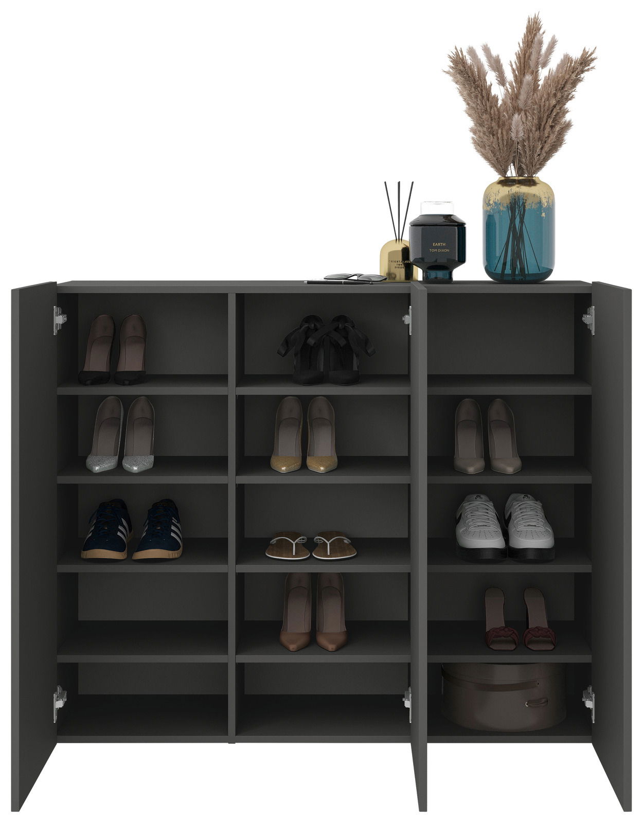 Moderner Hängeschuhschrank in dunklem Design mit offenen Türen, gefüllt mit verschiedenen Schuhen und dekorativen Elementen auf der Oberseite, Frontalansicht.