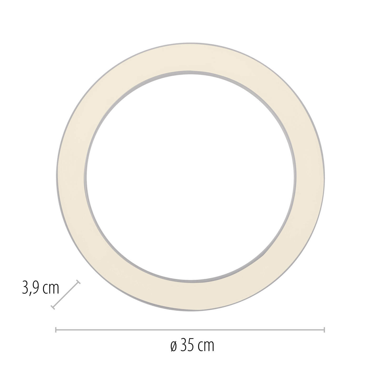 Runde LED-Deckenleuchte mit einem Durchmesser von 35 cm und einer Höhe von 3,9 cm, Ansicht von oben.