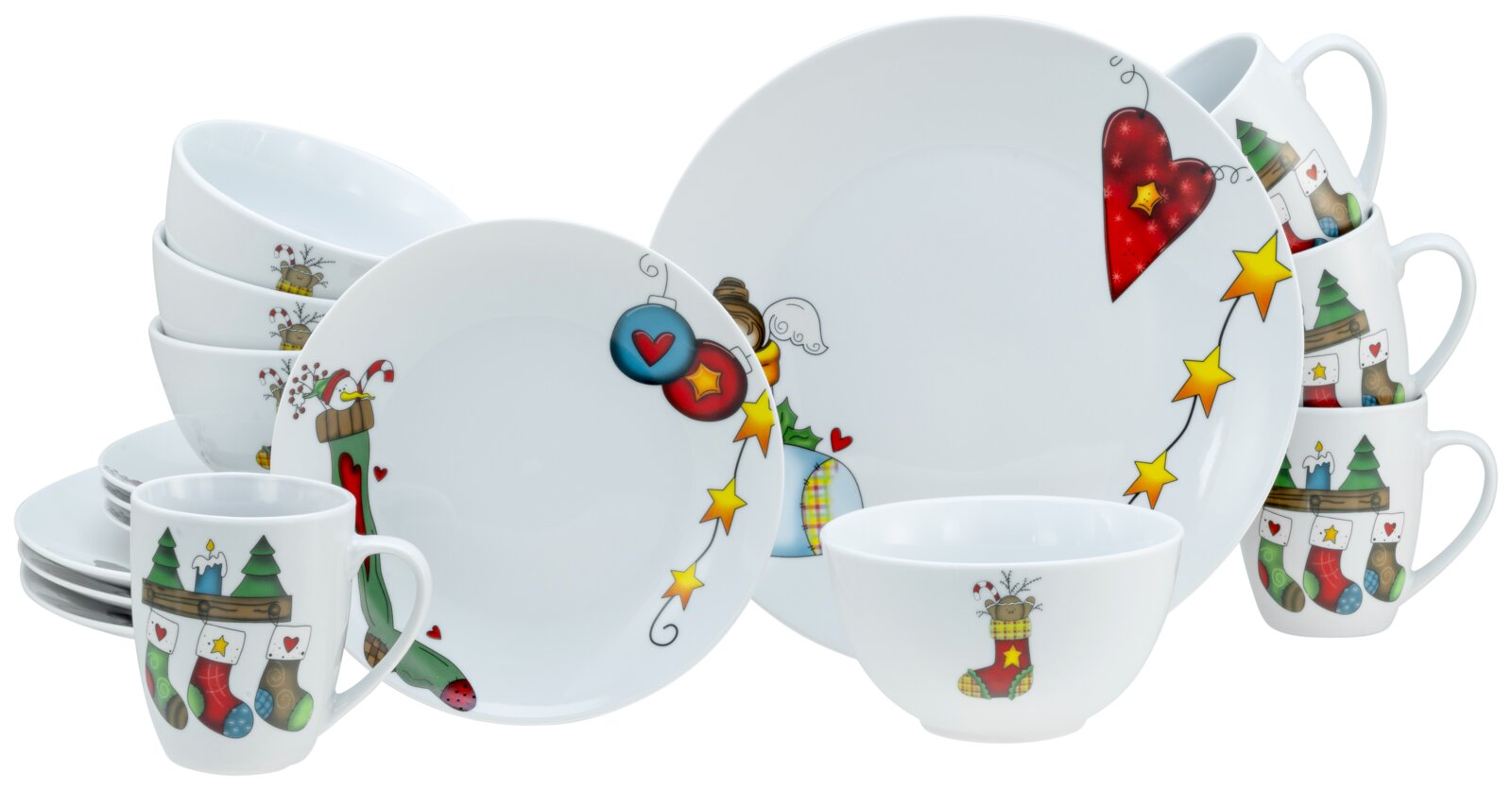 Weihnachtliches Porzellan-Geschirrset mit Tellern, Schalen und Tassen, dekoriert mit Herzen, Sternen und Strümpfen; Studioaufnahme in schräger Vorderansicht.